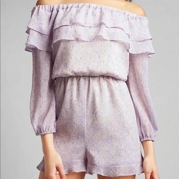 Express Floral Metallic Clip Dot Off The Shoulder Romper XL - Picture 3 of 7